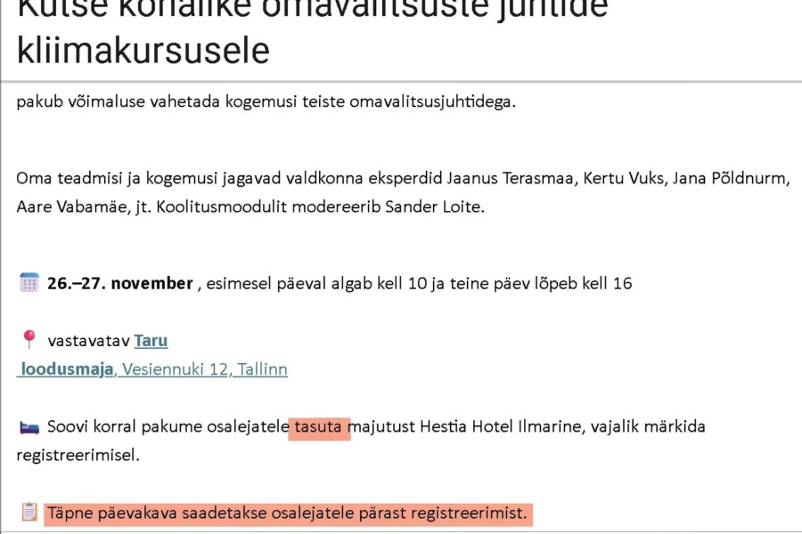 Kliimaministeerium korraldab omavalitsusjuhtidele „salajase“ koolituse koos tasuta ööbimisega hotellis!