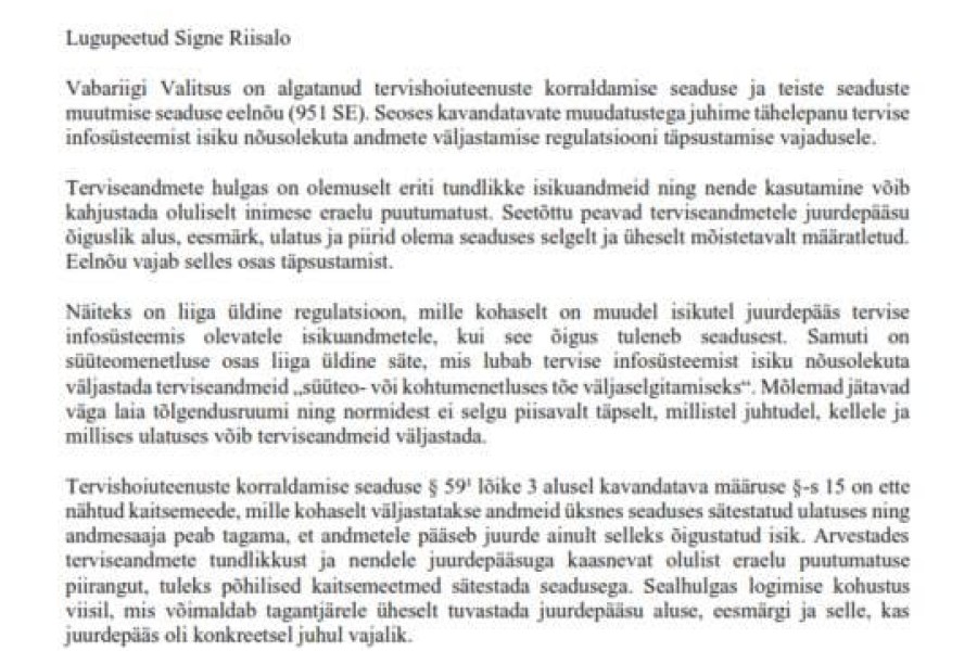 22.09 ütles minister Riigikogule, et andmekaitseliselt on terviseandmete eelnõu "läbi hekseldatud"