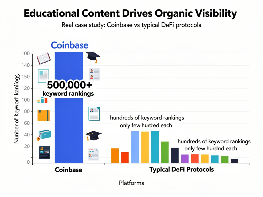 Crypto SEO case study data showing Coinbase 500K keywords versus DeFi protocols few hundred rankings