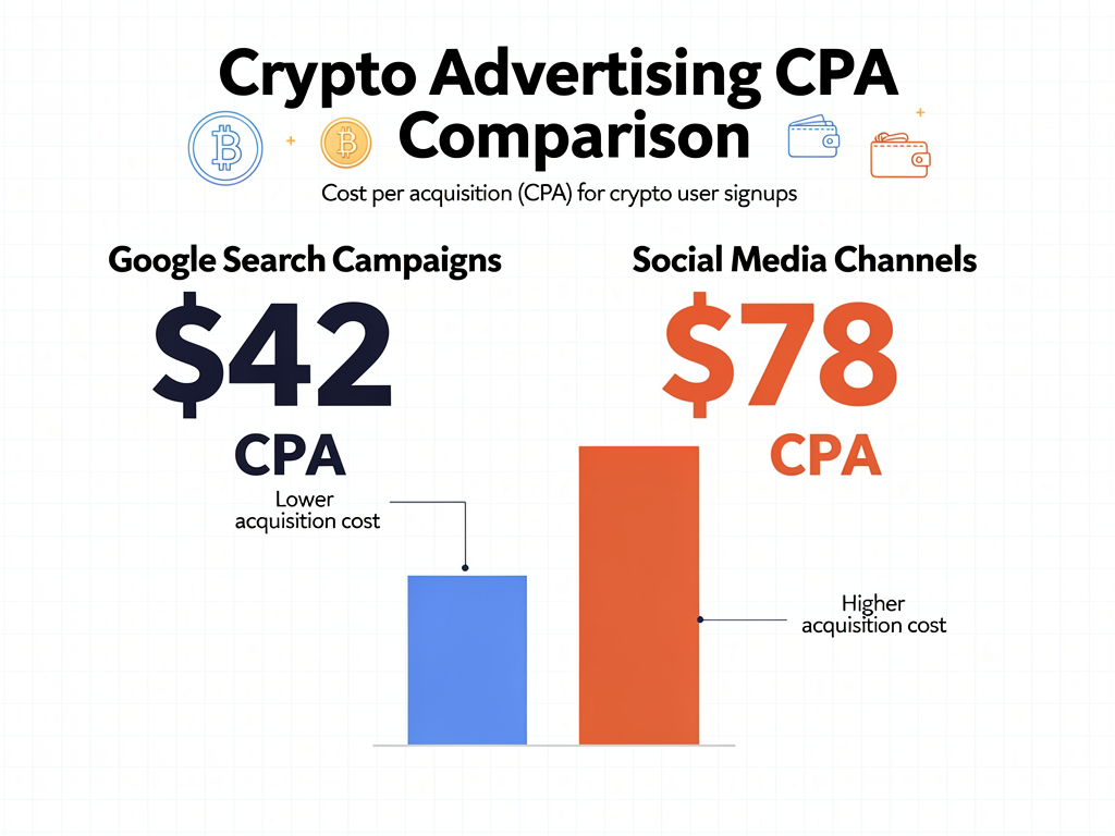 Cost per acquisition comparison between Google crypto advertising and social media channels showing lower CPA