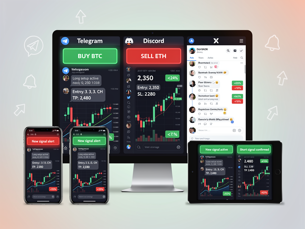 Cryptocurrency signals channel platforms showing trading alerts on Telegram Discord and X