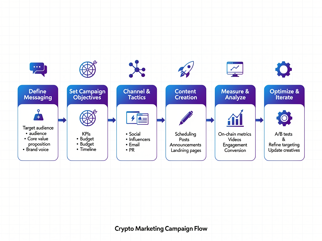 Step-by-step process flowchart for executing effective crypto marketing campaigns from planning to optimization