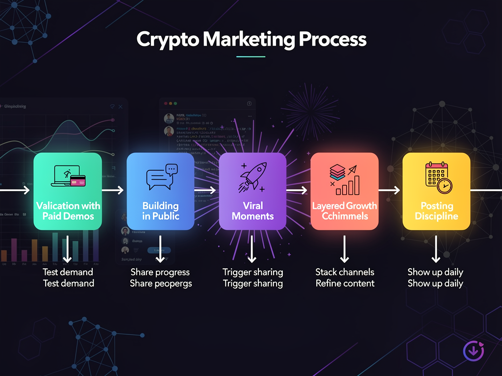 Step-by-step crypto marketing tips process from validation to scaling Web3 projects