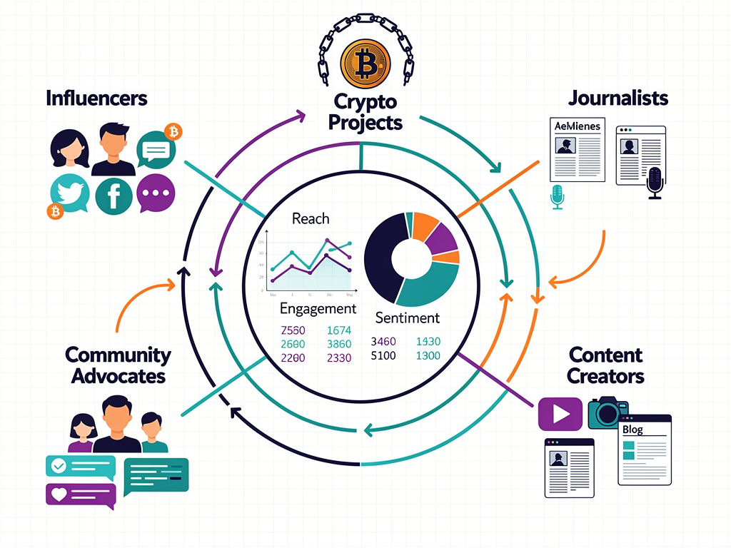 PR for crypto ecosystem diagram showing influencers, content creators, and community advocates coordinating for blockchain project awareness