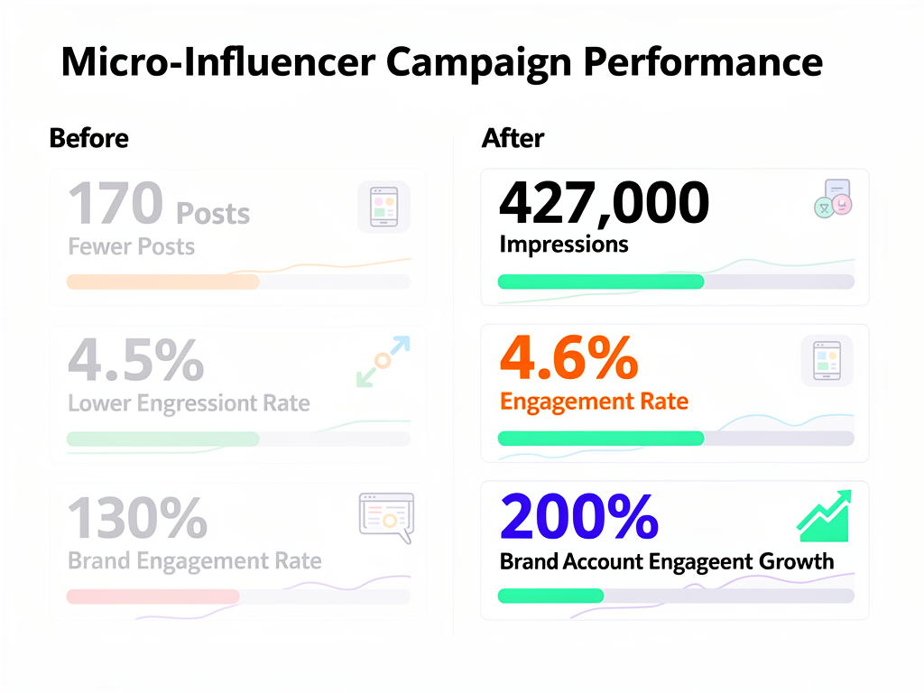 Micro-influencer crypto marketing campaign results showing 427K impressions and 200% engagement growth in 30 days