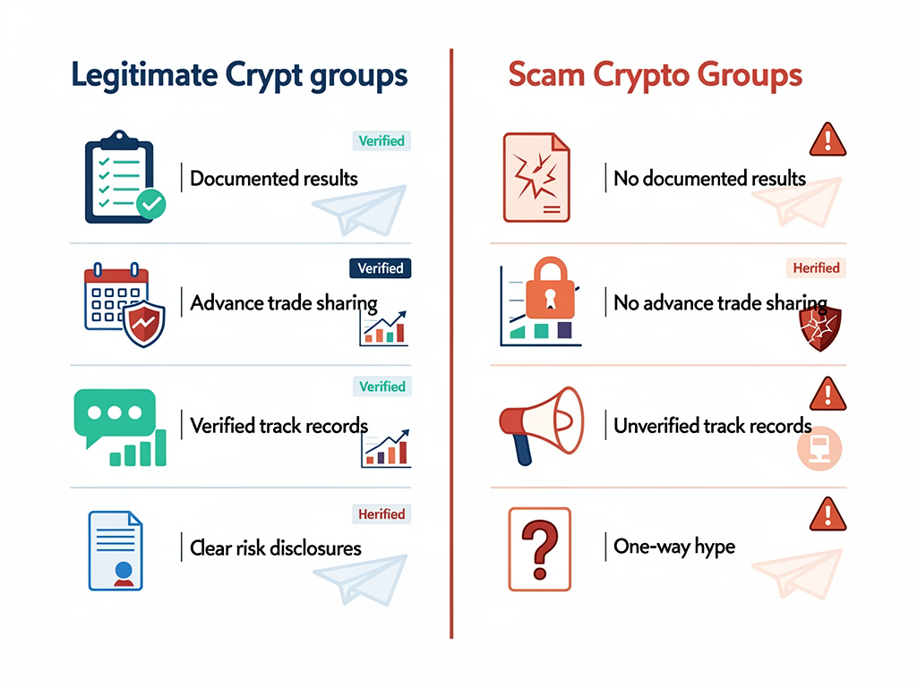 Comparison infographic showing legitimate top crypto Telegram groups versus scam groups with transparency indicators