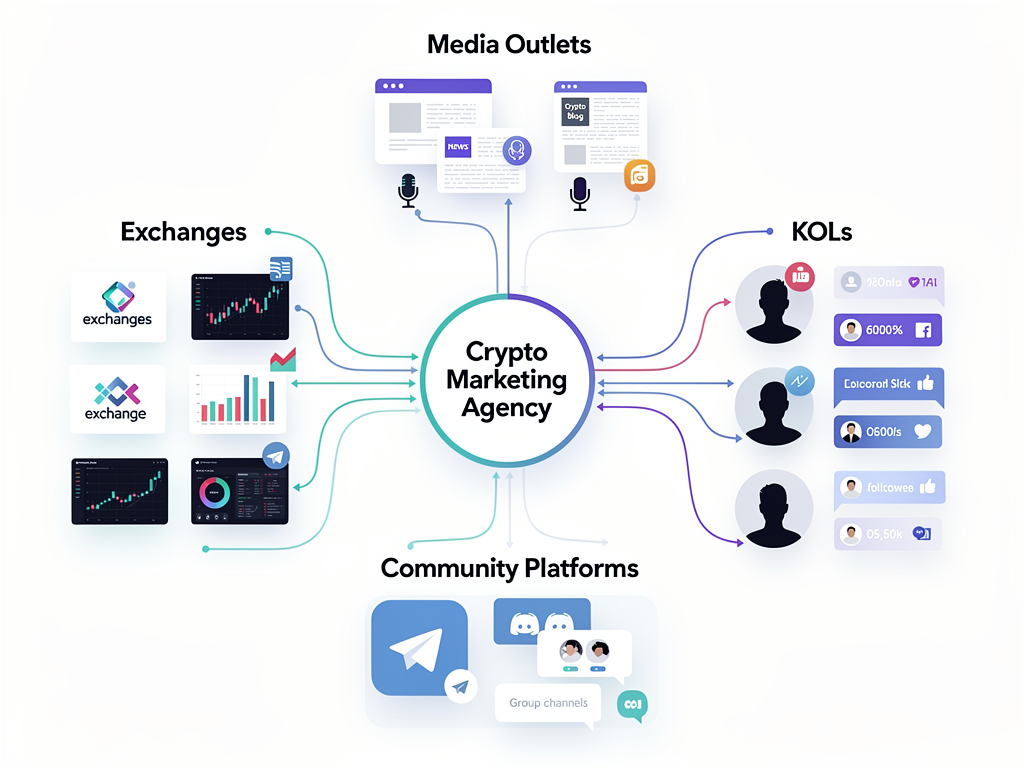 Network diagram showing specialized crypto marketing agency connections to exchanges, media outlets, and influencer networks