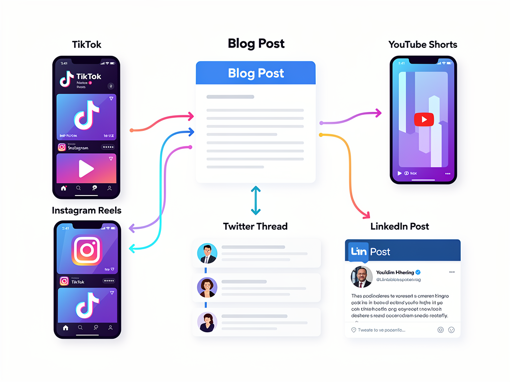 Content repurposing visualization showing one article converted into 50+ social media assets across multiple platforms