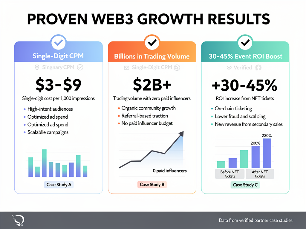 Blockchain marketing strategy case studies infographic with verified metrics: low CPM, organic volume growth, and NFT ticket ROI increase