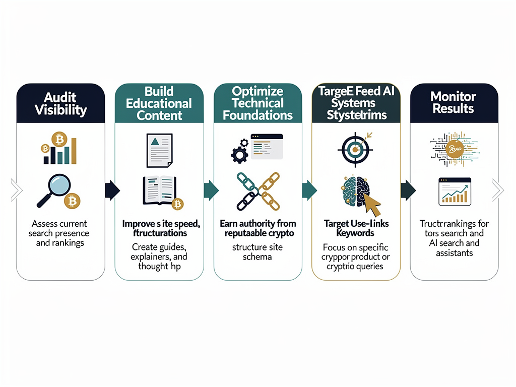 Crypto SEO implementation process showing seven steps from audit to monitoring for sustainable organic growth