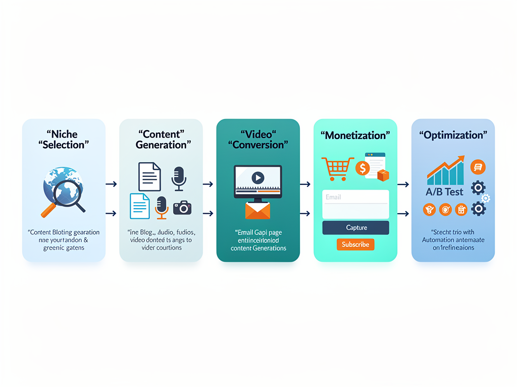 Step-by-step flowchart of automated content creation process from domain purchase to scaling and monetization