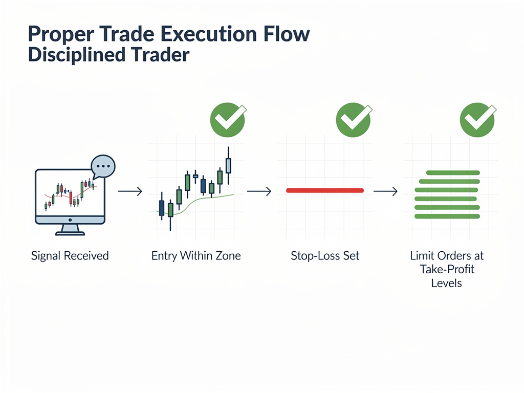 Trade execution workflow for following Telegram crypto trading signals with discipline and precision