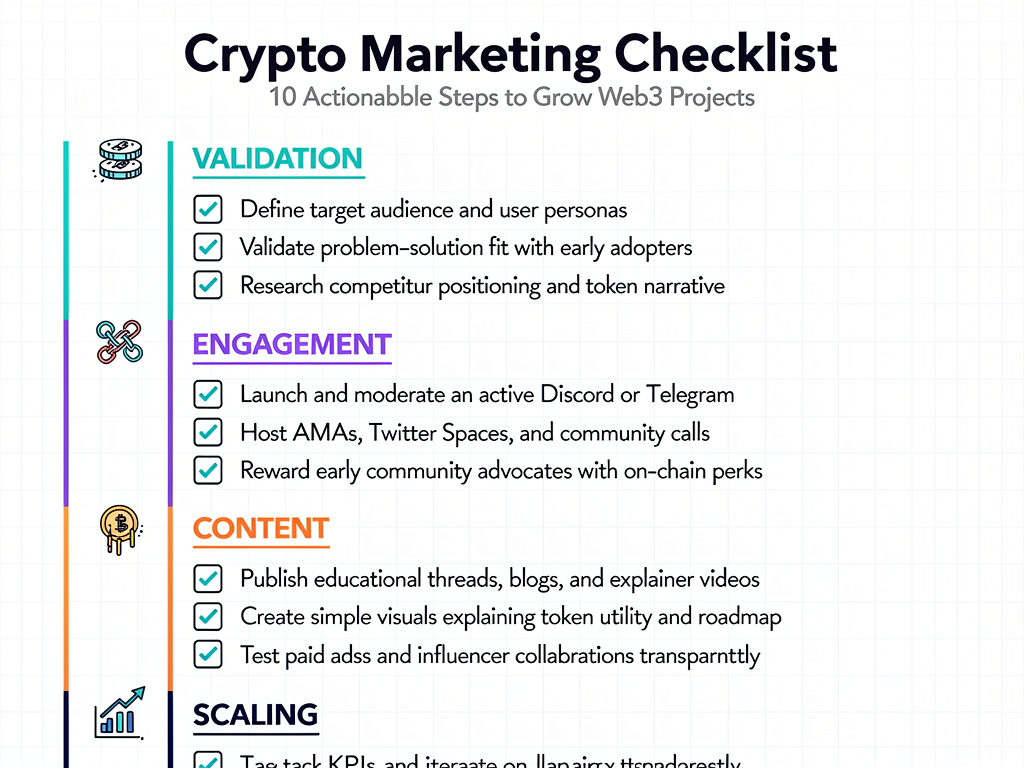 Crypto marketing tips checklist with ten actionable steps for Web3 project growth and validation