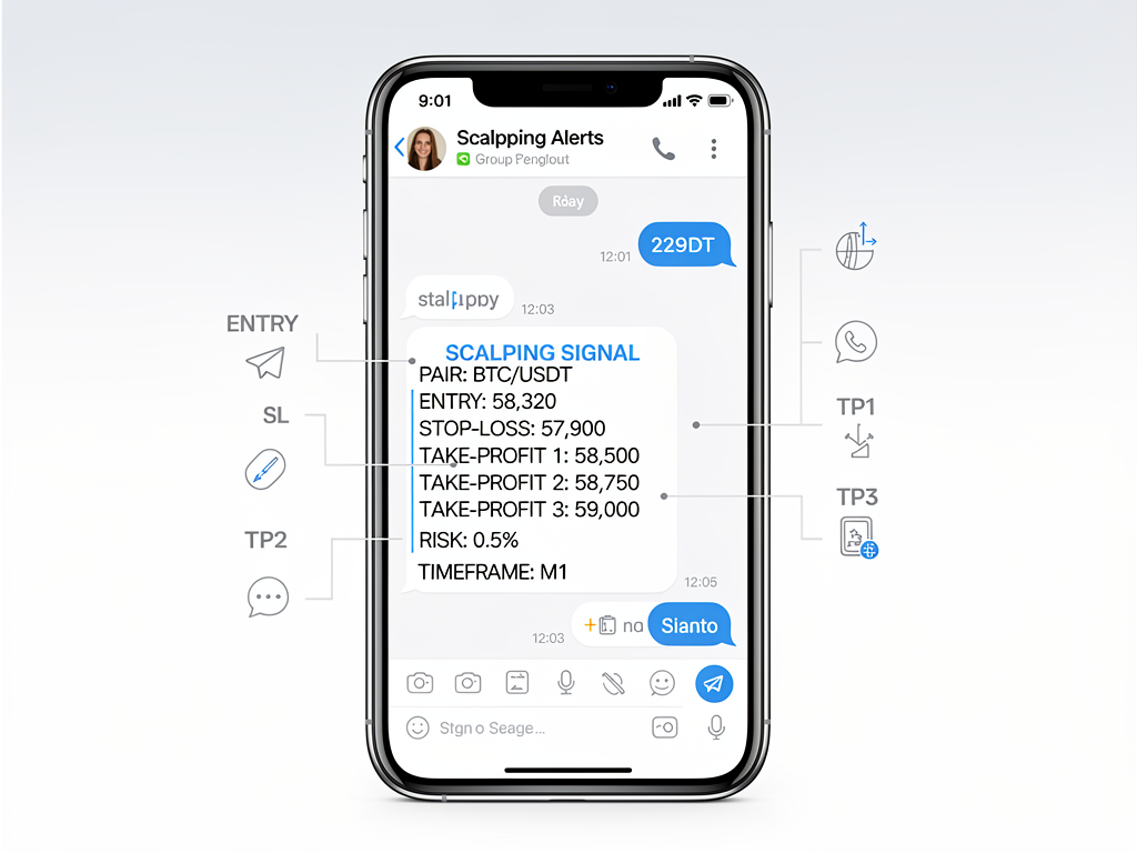 Telegram crypto scalping signal alert showing entry price stop-loss and take-profit targets on mobile interface