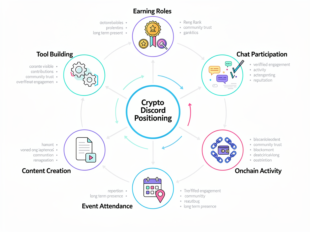 Multi-front crypto Discord strategy diagram showing role earning, chat activity, onchain tasks, events, and content creation positioning
