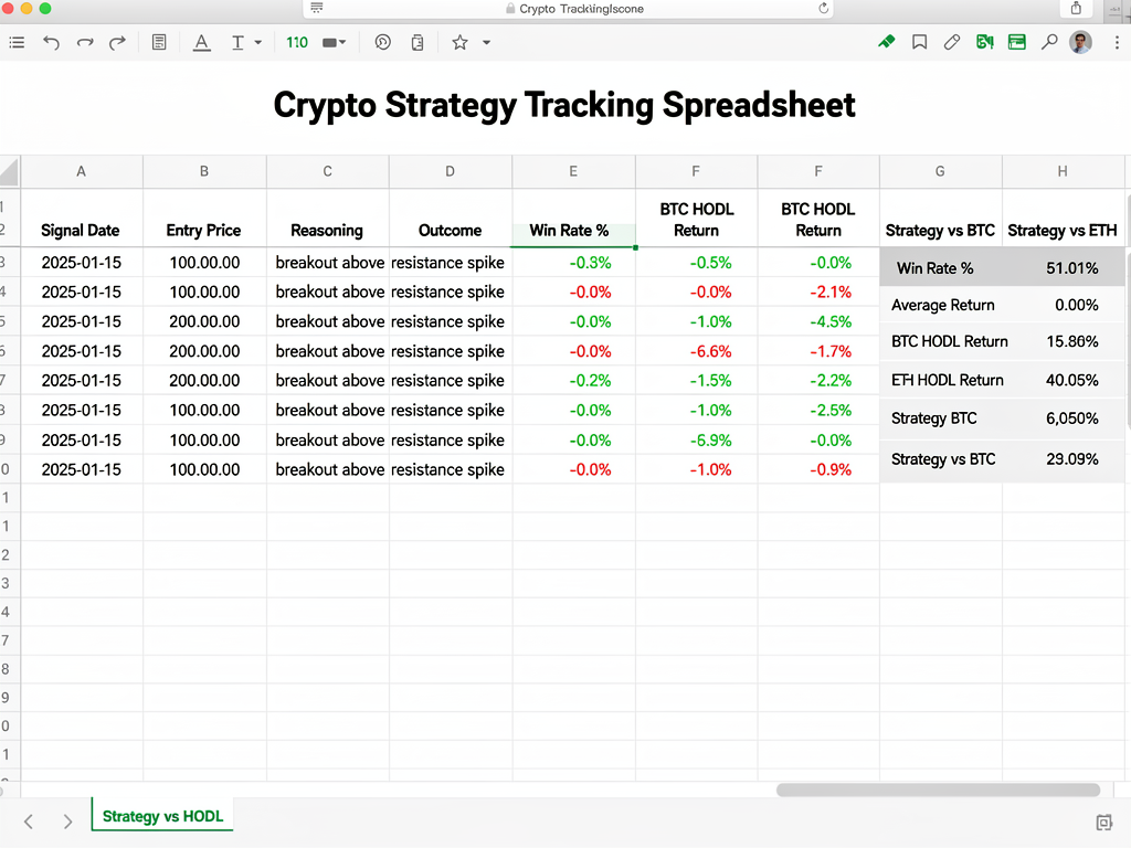 Spreadsheet template for tracking cryptocurrency Telegram group signals with win rates and performance metrics