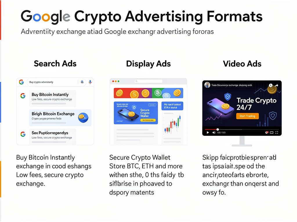 Google crypto advertising formats including search display and video campaigns for cryptocurrency platforms