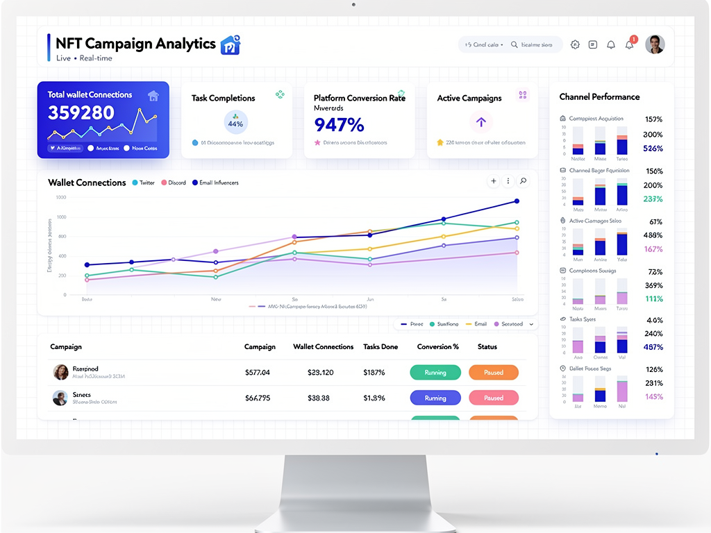 Real-time analytics dashboard showing NFT promotion campaign metrics with wallet connections and conversion data across multiple platforms