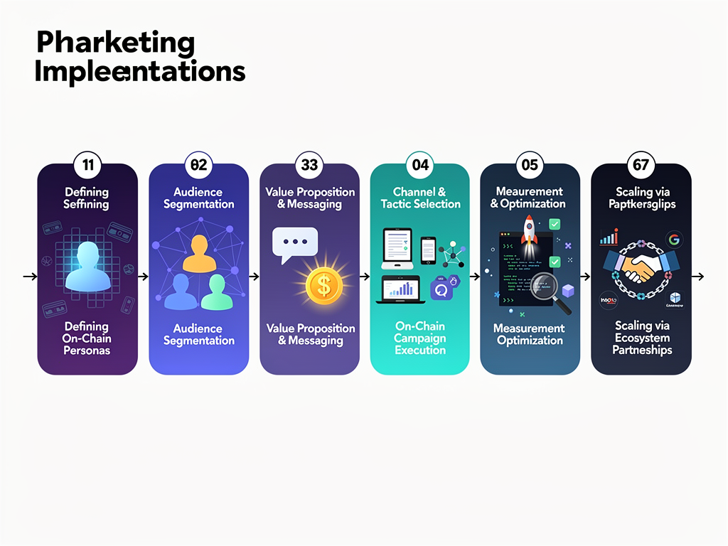Web3 marketing company step-by-step process flowchart showing seven implementation stages from personas to partnerships