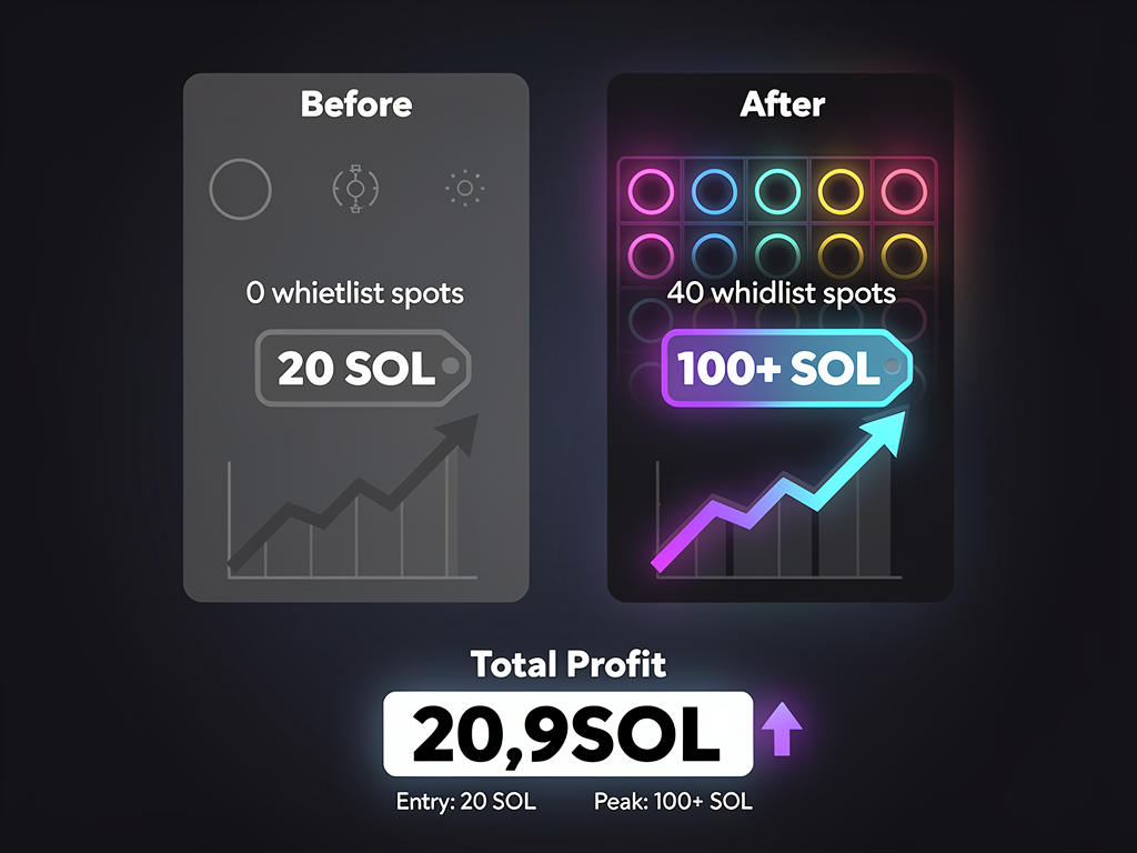 Case study results showing manual whitelist strategy that turned 40 spots into over $500k profit in NFT collection launch