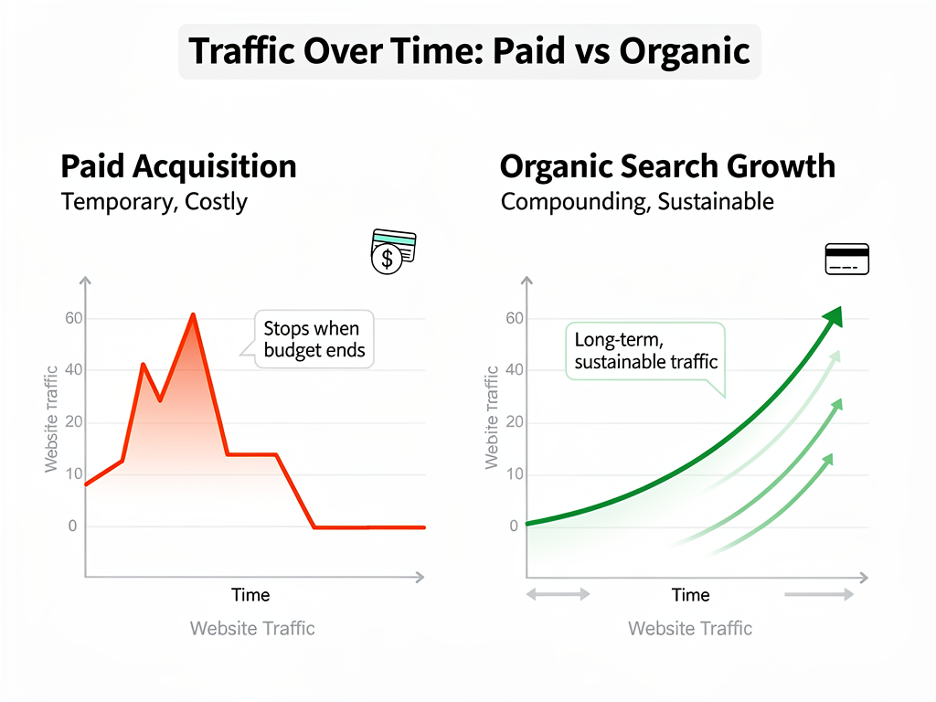 Why is SEO for crypto important: paid ads versus organic search traffic comparison over time