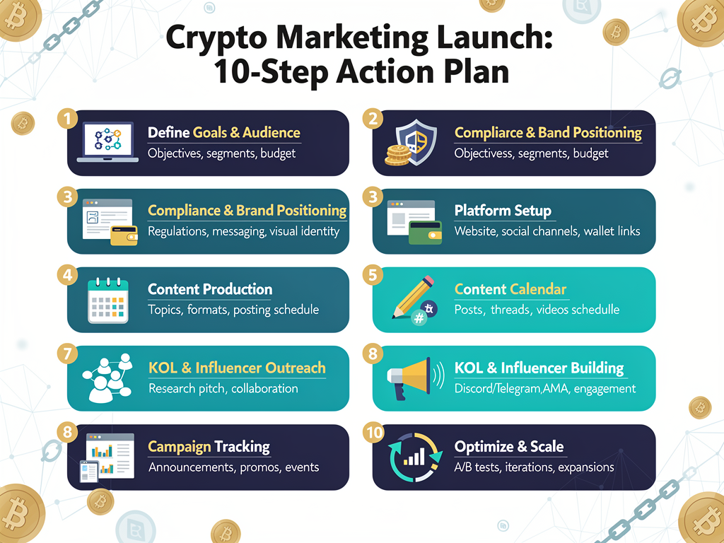 Practical crypto marketing checklist with 10 actionable steps for launching successful campaigns