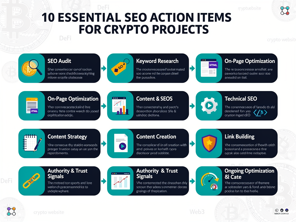 Complete SEO checklist for crypto projects showing essential tasks for building organic search visibility