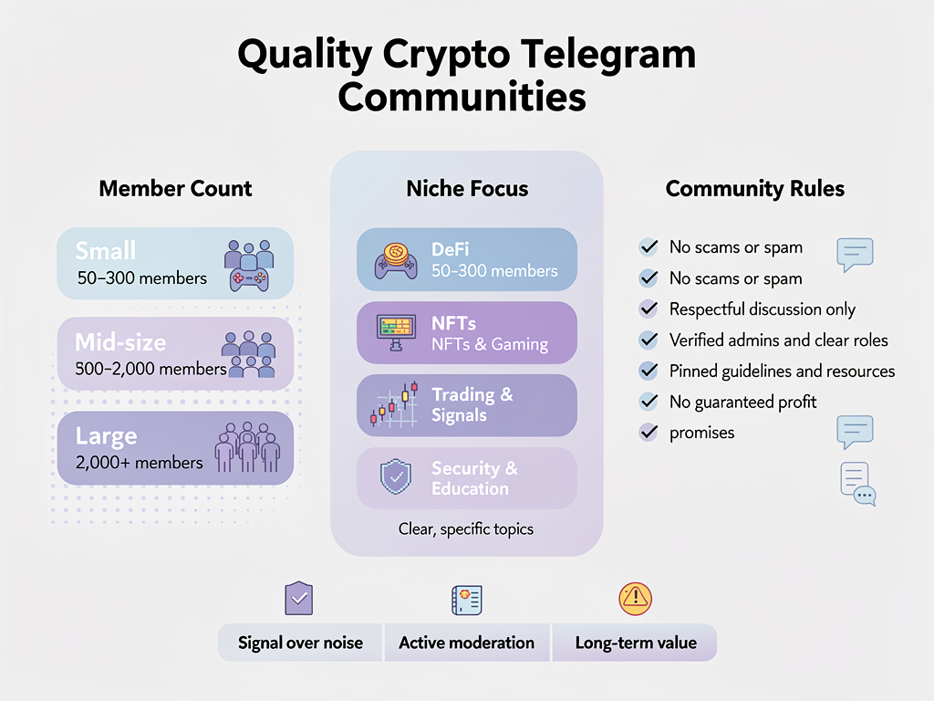 Diagram showing quality crypto Telegram group characteristics including member size, niche focus, and transparency features
