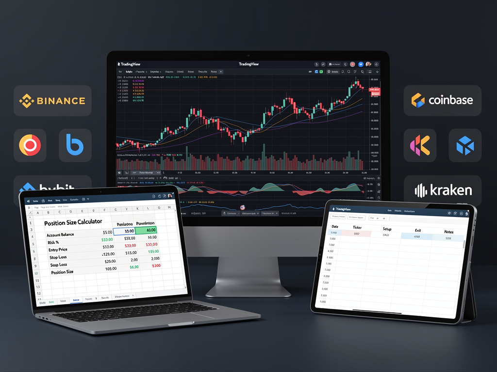 Essential tools for crypto signal trading including TradingView charts position calculators and trade journals