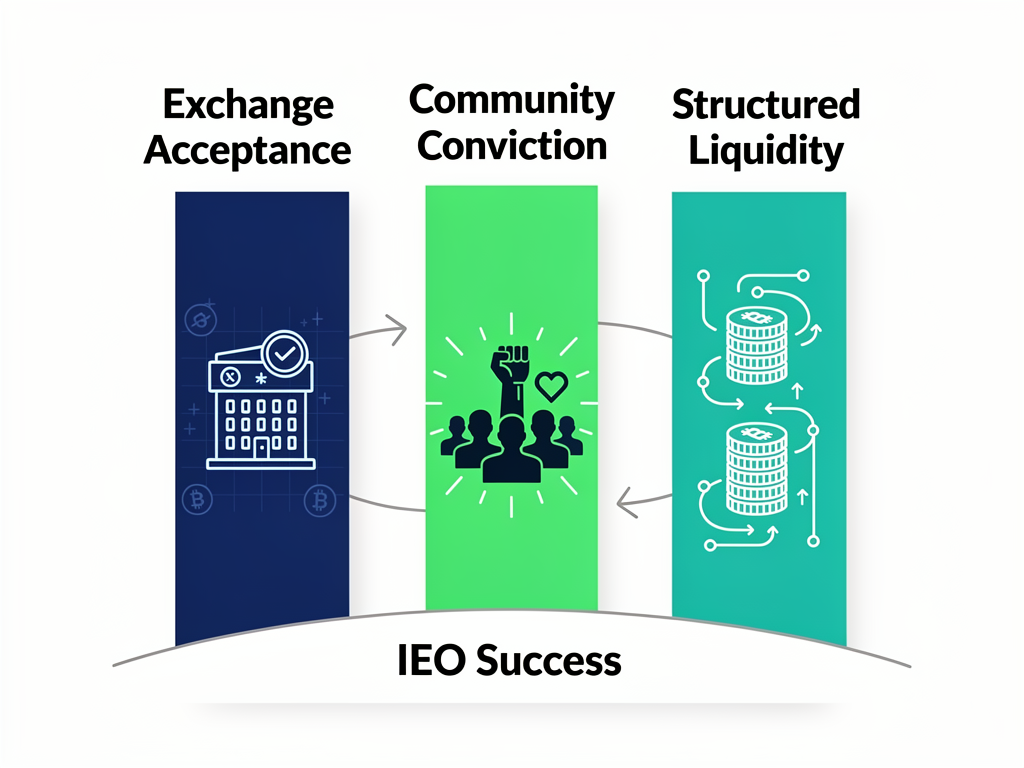 IEO marketing services framework showing exchange acceptance, community building, and liquidity management pillars