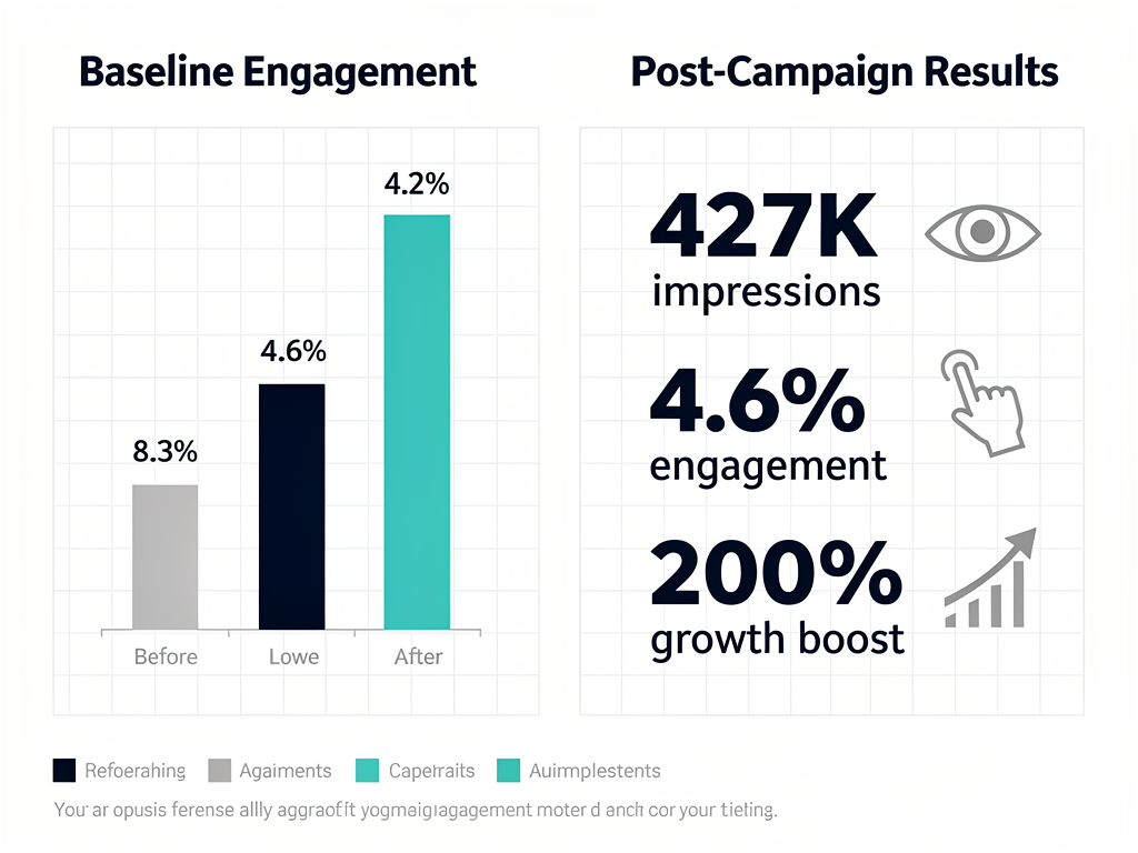 Before and after results of KOL crypto campaign showing 200 percent engagement growth and 427,000 impressions