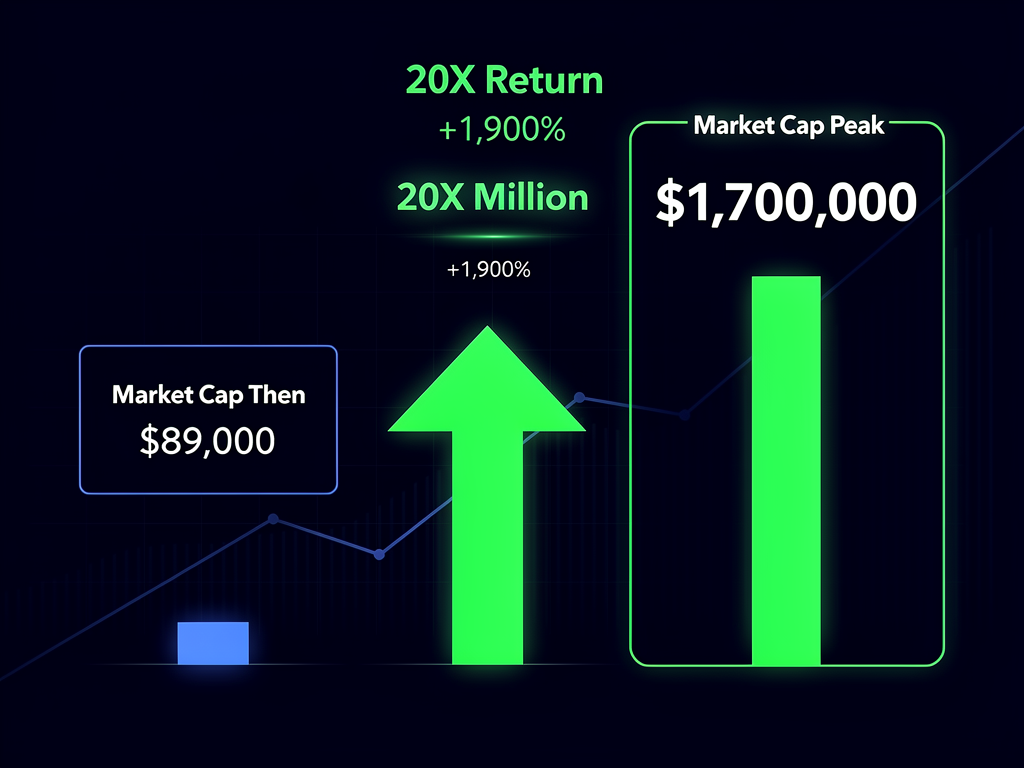 Token market cap growth chart from 89000 to 1.7 million showing 20X return from crypto scalping signals