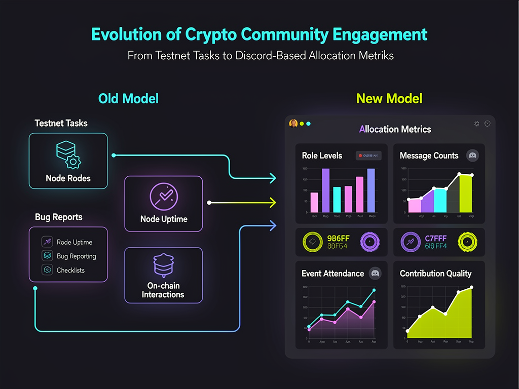 Crypto Discord channels allocation metrics showing role levels, message counts, and community engagement tracking for token distribution
