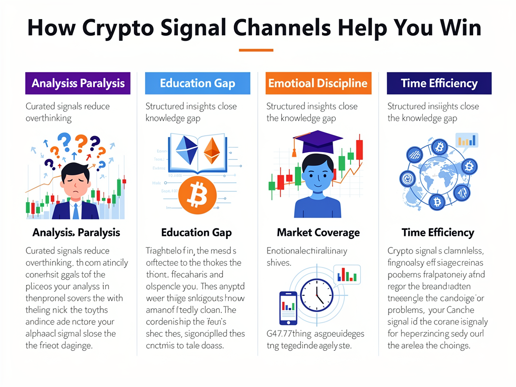 Infographic showing five key problems crypto expert signals telegram services solve for traders