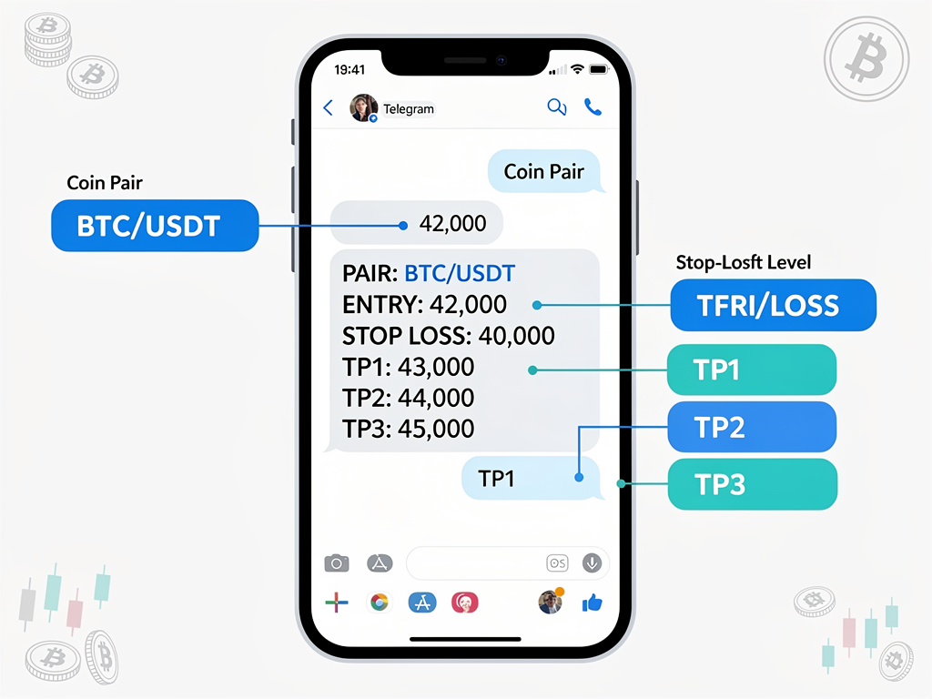 Anatomy of free crypto trading signals on Telegram showing entry price stop-loss and take-profit targets