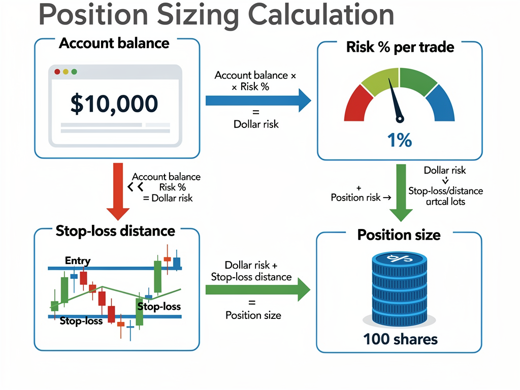 Crypto scalping position sizing calculation diagram showing risk management and stop-loss distance formula