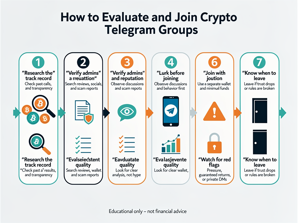 Step-by-step flowchart for evaluating and joining top crypto Telegram groups with verification checkpoints