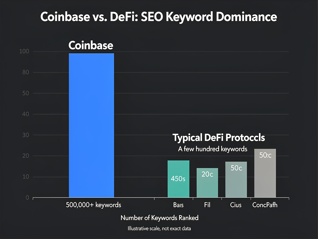 Keywords for cryptocurrency ranking comparison between Coinbase and DeFi protocols showing educational content impact