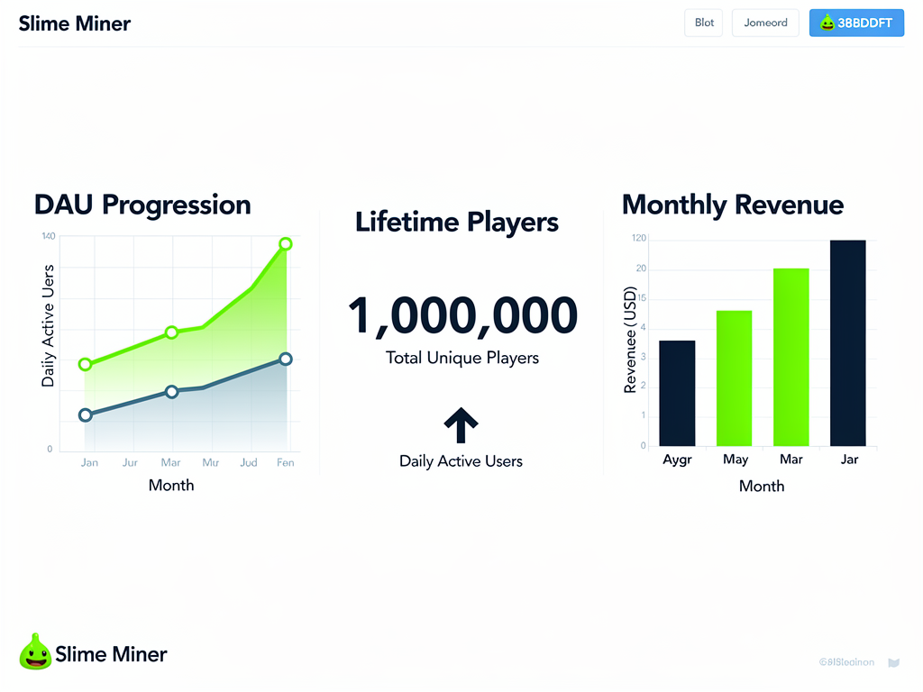 Slime Miner GameFi success metrics showing 150k daily users and $2M monthly revenue