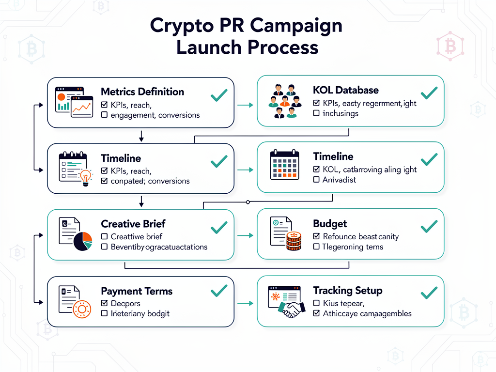 PR for crypto campaign checklist with success metrics, KOL vetting, timeline planning, and tracking dashboard setup