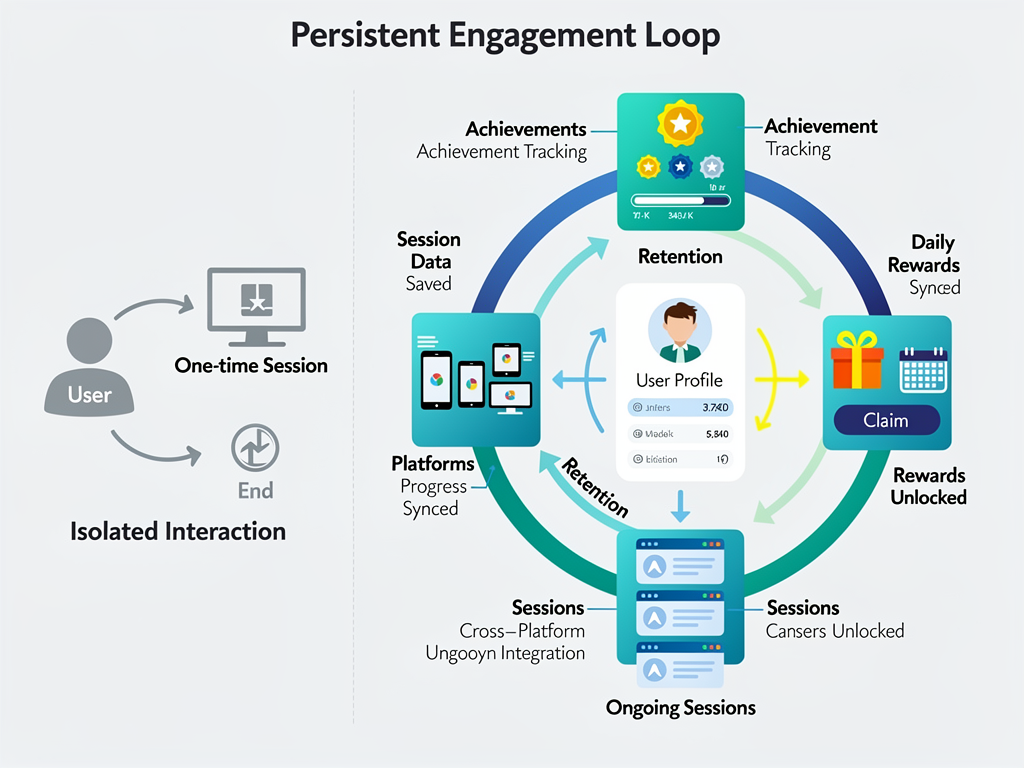 Flowchart comparing single-session Telegram mini apps versus persistent engagement loops with retention mechanics