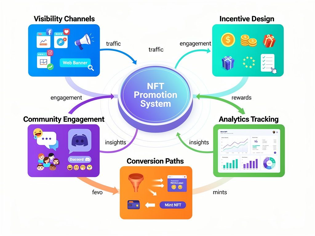 Coordinated system showing how to promote NFT collection through visibility channels, incentives, community engagement and data tracking
