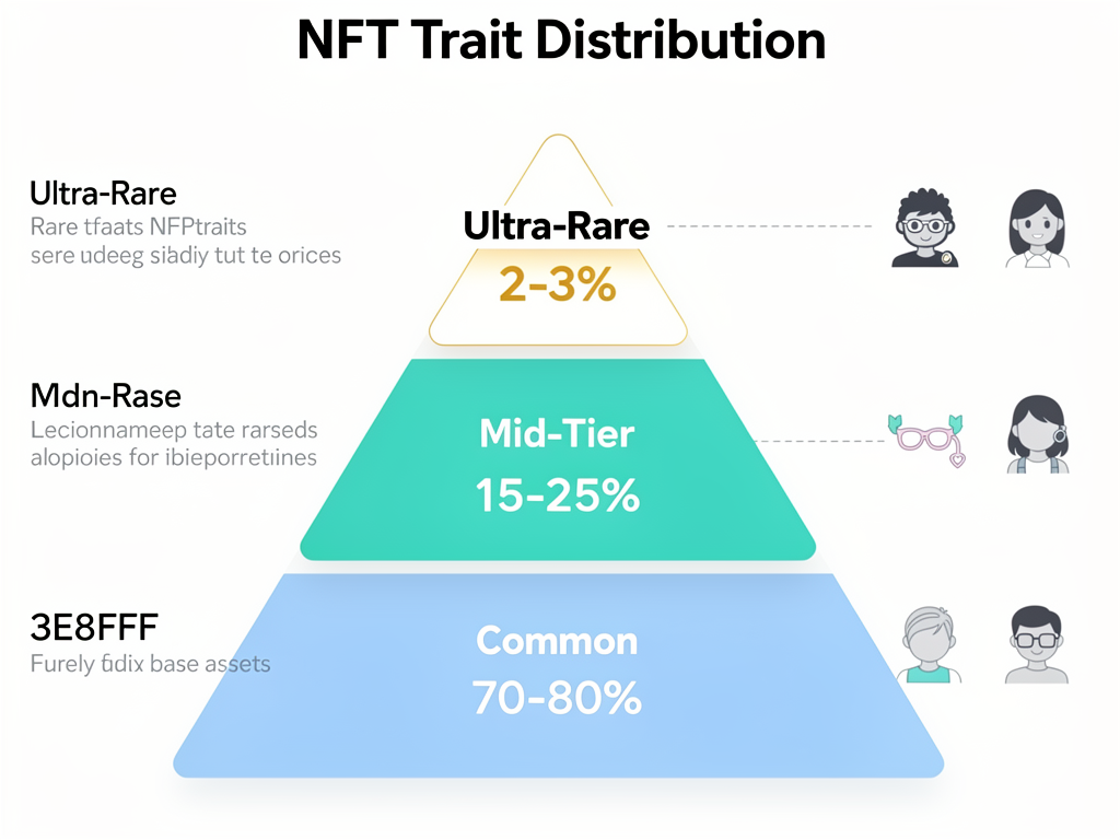NFT rarity tier structure diagram showing intentional trait distribution from ultra-rare pieces to accessible base assets