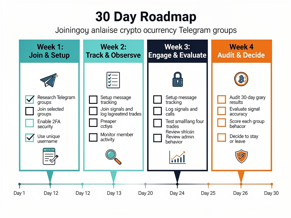 30-day checklist for evaluating and joining cryptocurrency Telegram groups with security and tracking steps