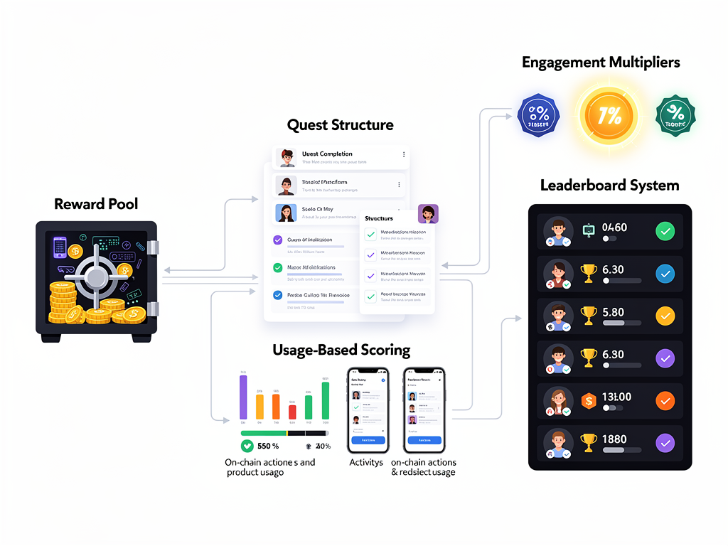 Crypto airdrop strategy framework showing quest mechanics and usage-based scoring system