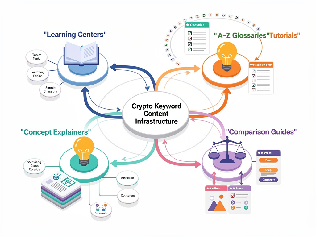 Crypto keywords educational content structure showing learning centers and comprehensive resources for organic discovery