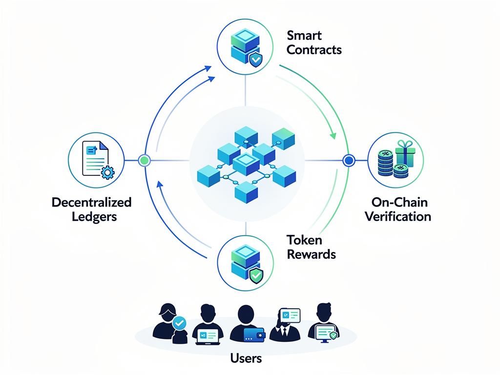 Blockchain marketing strategy diagram showing decentralized ledgers, smart contracts, and tokenized incentives for transparent campaigns