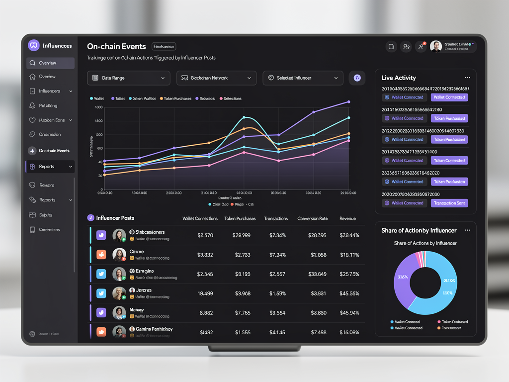 Real-time dashboard tracking on-chain actions and conversions from crypto influencer marketing campaigns with verified metrics