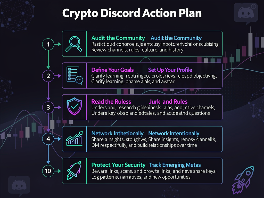 Crypto Discord channels action checklist showing 10 steps from community audit to contribution tracking and meta monitoring