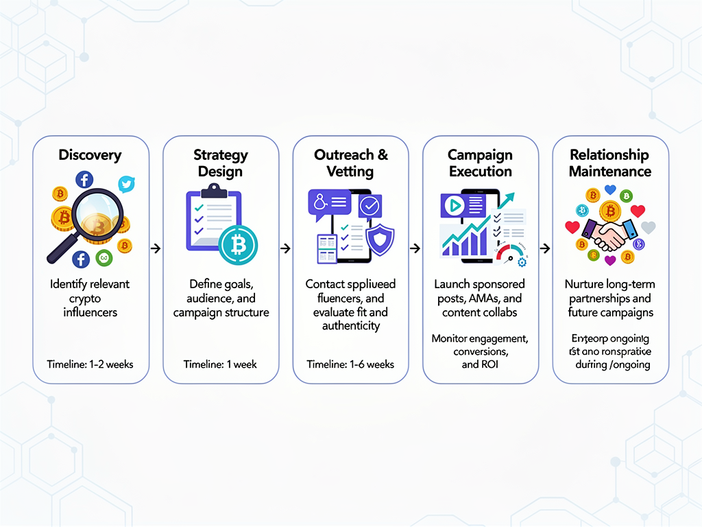 Six-step process flow for crypto influencer marketing agency campaigns from strategy to optimization and relationship maintenance